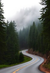 winding road through a misty forest, with tall pine trees on either side