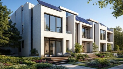 Modern White Stone Townhouses with Solar Panels and Large Windows