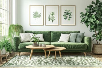 Cozy green living room with plants and artwork.