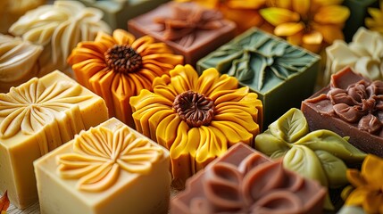 A variety of artistically crafted, flower-themed soaps arranged in a neat grid. Each soap bar features intricate designs that replicate different types of flowers, showcasing a range of colors like ye