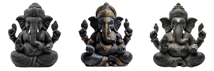 Fototapeta premium Set of Lord Ganesh idol made of black stone, Isolated on white or transparent background