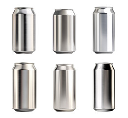 Aluminum ring pull cans set isolated on a transparent background, soda cans PNG, empty label beer can mockups