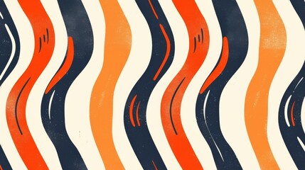 Obraz premium Retro Groovy Pattern with Wavy Lines in Navy Blue, Orange, and Cream on White Background