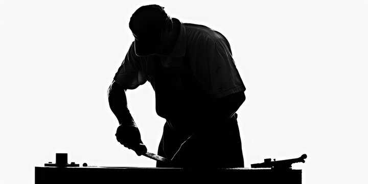 A blacksmith forging metal against a plain white backdrop at twilight, showcasing craftsmanship and skill in silhouette