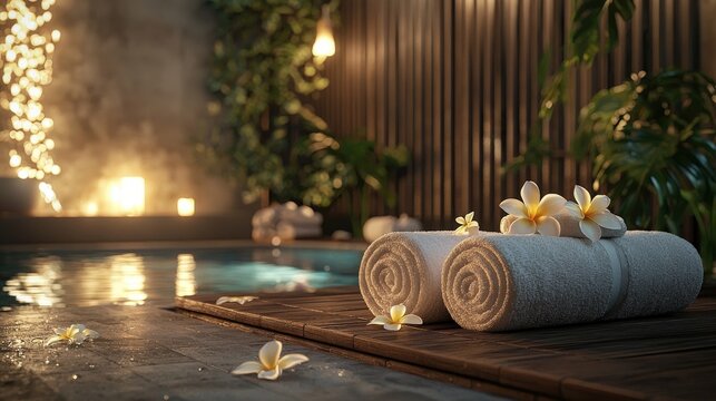 Luxurious Body Wraps With Plumeria Essence, Calming Steam, Warm Lighting, Peaceful Wellness Retreat, Ultra-detailed, High-resolution, Photorealistic Spa Experience