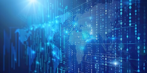 digital world map on blue background with binary code and global network connection