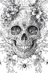 Mandala style skull with ornate floral and geometric designs coloring book page