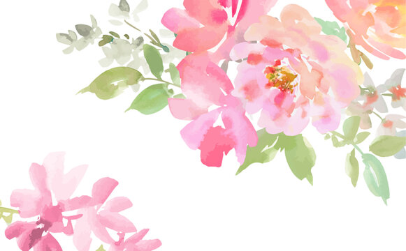 A watercolor-painted abstract pink flower frame. Hand-drawn background illustration of roses and peonies. Watercolor floral design for invitations