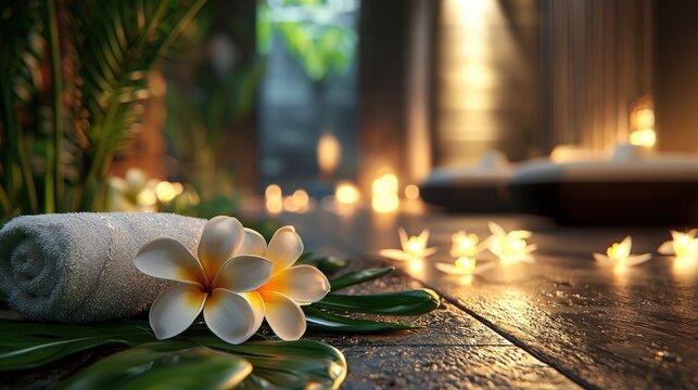 Luxurious pampering experiences featuring plumeria essence, serene ambiance, soft glowing lights, calming environment, high-resolution, ultra-detailed, photorealistic rejuvenation experience