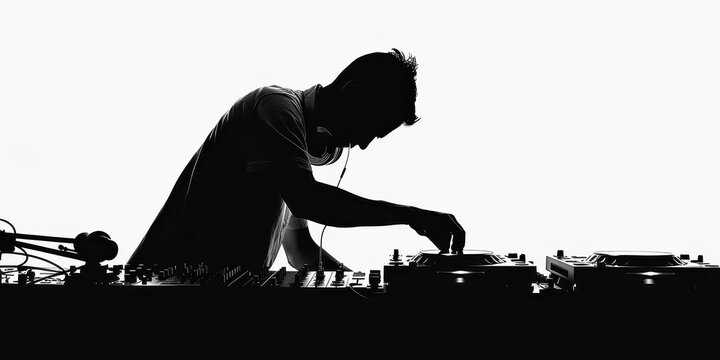 Dark silhouette of a DJ focused on mixing tracks against a stark white background during a music event