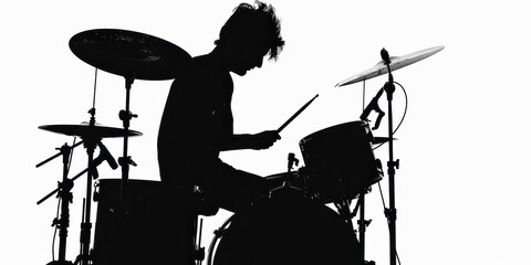 Fototapeta premium Silhouette of a drummer performing passionately on a white background, capturing the essence of rhythm and movement