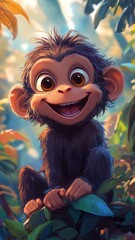 Fototapeta premium Cartoon art style, a monkey with exaggerated facial expressions and playful features, set in a bright, whimsical environment.
