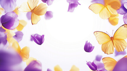 Fototapeta premium Delicate butterflies flutter amidst a circle of vibrant flowers, showcasing a blend of purple and yellow hues in a serene, light-filled environment, copy space