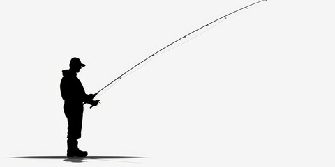 Dark silhouette of a fisherman casting a line against an isolated white background during early morning or late evening