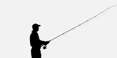 Silhouette of a fisherman casting a line during twilight on a tranquil white background