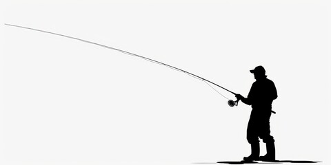 Obraz premium Silhouette of a fisherman reeling in a fish against a white background during a quiet, serene fishing moment
