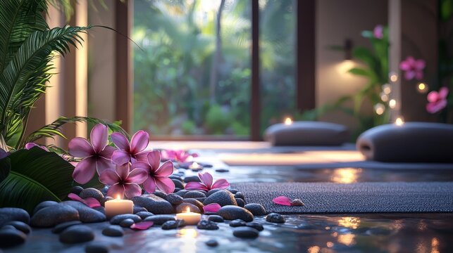 Luxurious yoga classes with plumeria essence, calming environment, warm lighting, peaceful wellness retreat, ultra-detailed, high-resolution, photorealistic spa experience