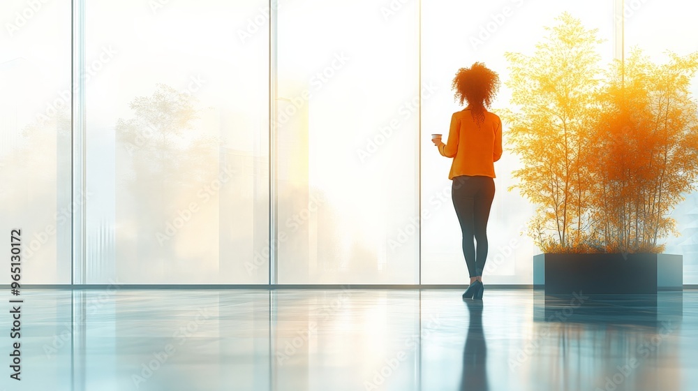 Wall mural A Moment of Reflection: A young woman stands silhouetted against a panoramic cityscape, bathed in the warm glow of the setting sun. The image evokes a sense of contemplation, ambition, and the promise