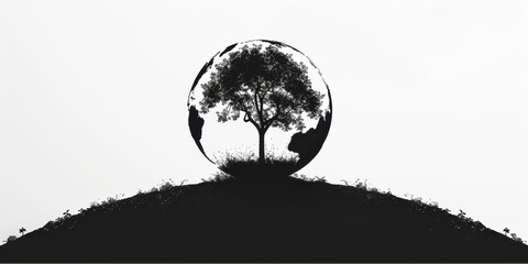 Dark silhouette of a globe with a tree growing on it set against a clean white background showcasing nature's harmony and sustainability