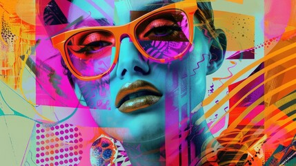 Contemporary pop art collage with bold neon colors and psychedelic patterns