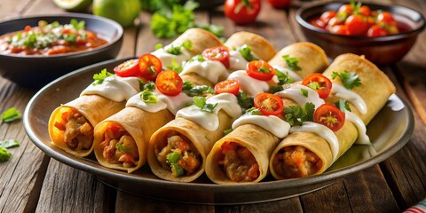 A delicious Mexican meal, featuring rolled corn tortillas filled with cheese, salsa, and sour cream, paired with a