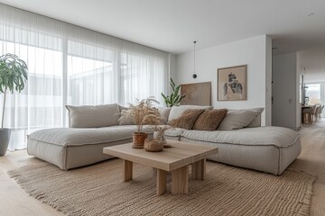 Fototapeta premium Cozy living room with modern decor and natural elements.