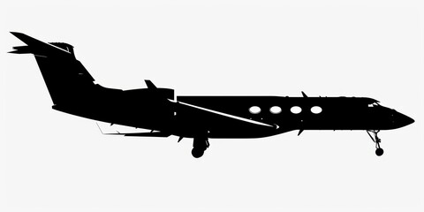 Dark silhouette of a jet airplane soaring through the sky, creating a striking contrast against a clear white background