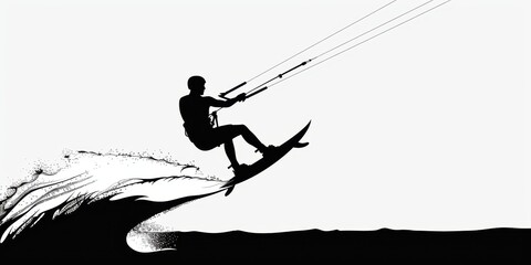Dark silhouette of a kite surfer gliding over waves against a pristine white background during a sunny day at the beach