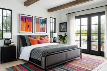 Fototapeta premium Modern bedroom with colorful decor and natural light.