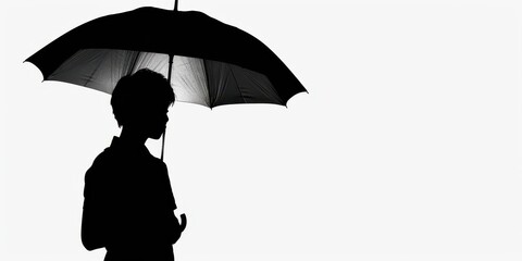 Dark silhouette of a person holding an umbrella against a stark white background on a rainy day