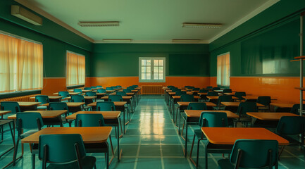 empty conference room with chairs, classroom with chairs, room with chairs, conference hall with chairs, An empty school classroom with rows of wooden desks and chairs