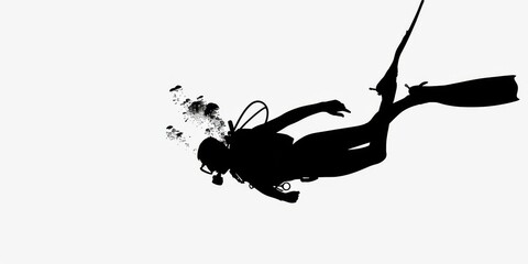 Dark silhouette of a person snorkeling in clear waters against a bright white background during a sunny day