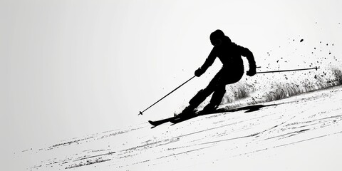 Silhouette of a skier carving downhill on a pristine snow slope against a stark white background