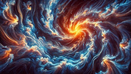 An intricate depiction of a cosmic nebula in space, with swirling patterns of blue and orange gases, glowing with vibrant light.