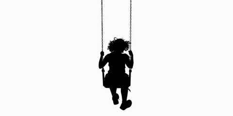 Person in a dark silhouette swinging on a swing against a minimalist white background, capturing a moment of carefree joy