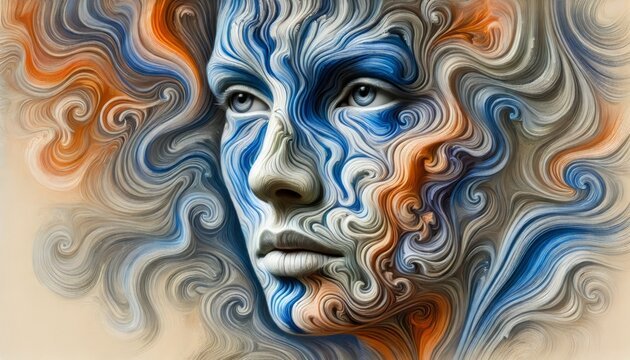 A surreal portrait where the face is composed of fluid, swirling patterns in blue and orange tones, capturing a dreamlike expression.