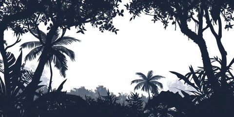 Dark silhouette of a tropical rain forest canopy against a white background showcasing diverse plant life and trees