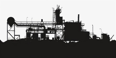 Dark silhouette of a recycling plant set against a stark white background illustrating industrial sustainability efforts