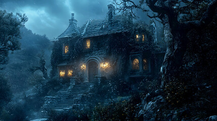 Obraz premium haunted house on a hill, with eerie lights flickering from the windows and thick vines creeping up the walls
