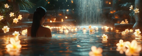 Plumeria-infused spa treatments, serene ambiance, soft glowing lights, luxury spa environment, calming steam, ultra-detailed, high-resolution, cinematic wellness experience