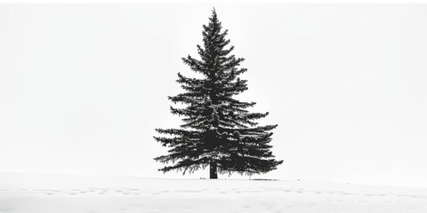 Fototapeta premium Elegant dark silhouette of a snow-covered pine tree on a stark white background creating a serene winter atmosphere