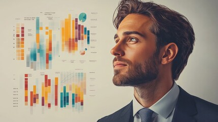Data Driven Visionary: A businessman contemplates vibrant financial charts, embodying strategic thinking in the corporate world. 