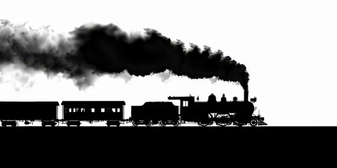 Obraz premium Dark silhouette of a vintage steam train moving along a minimalist white backdrop, capturing the essence of travel and nostalgia