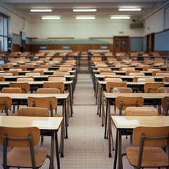 empty conference room with chairs, classroom with chairs, room with chairs, conference hall with chairs, An empty school classroom with rows of wooden desks and chairs