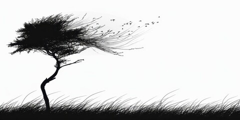 Obraz premium A solitary tree sways gently in the wind with birds flying overhead against a stark white background