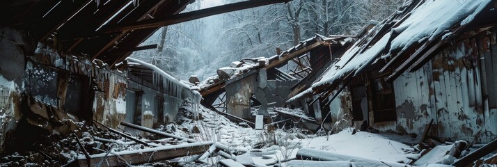 An derelict building with a collapsed roof, surrounded by a snowy winter landscape that enhances the ominous ambiance.