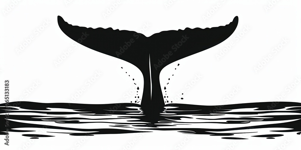 Wall mural A dark silhouette of a whale tail gracefully arches above calm water, set against a stark white background