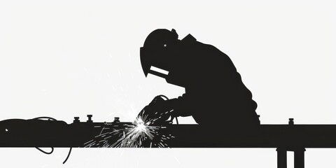 Dark silhouette of a welder engaged in welding metal on an isolated white background, showcasing skilled craftsmanship in action
