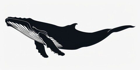 Dark silhouette of a whale breaching against a clean white background showcasing marine life in motion