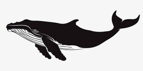 A dark silhouette of a whale breaching against a pristine white background during a calm ocean day